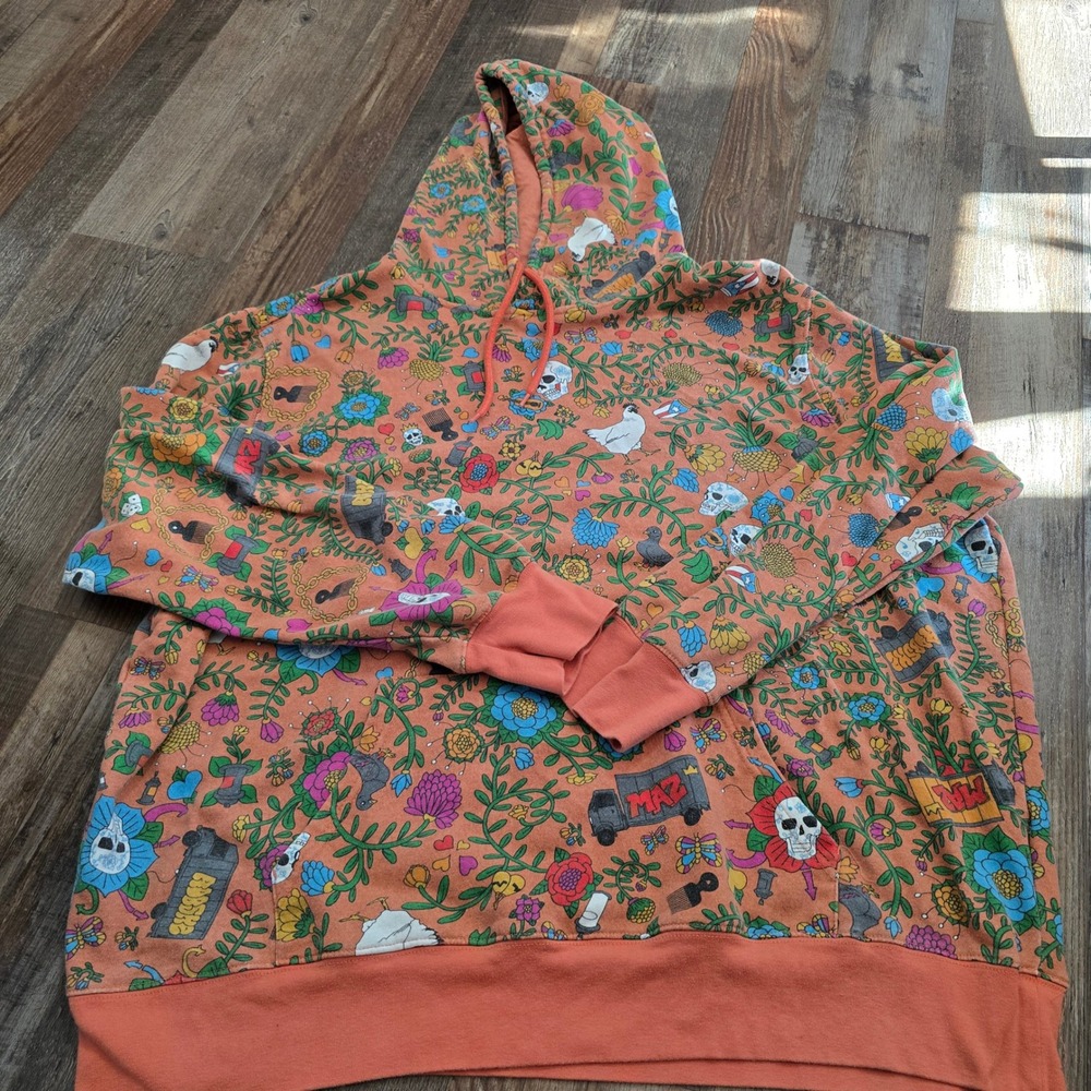 Roberto Lugo Hoodie 2XL Orange All Over Print Skulls Floral Streetwear